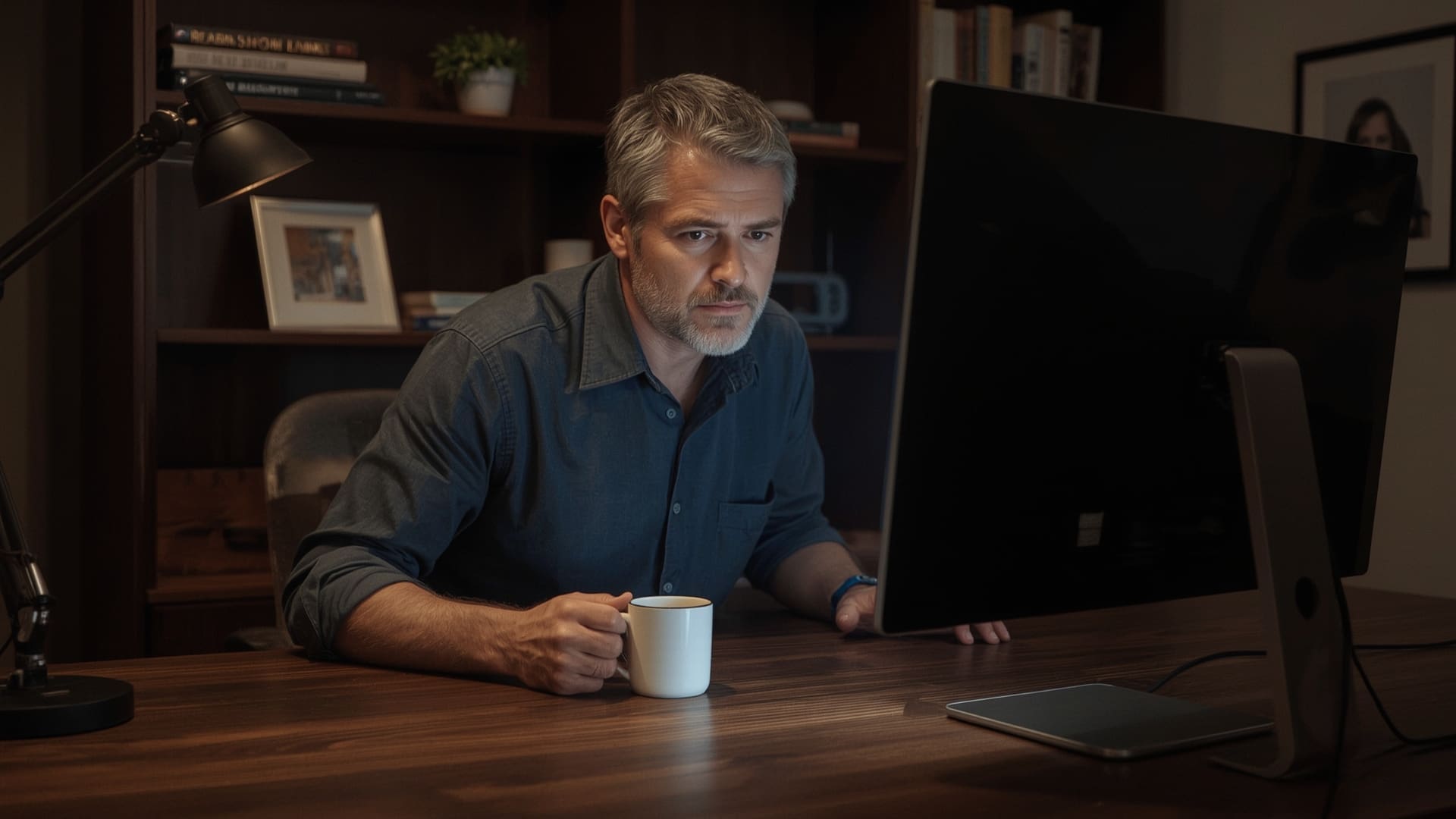 Business owner reviewing website conversion analytics on desktop monitor at desk