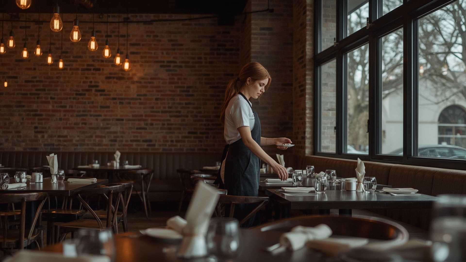 Restaurant server setting upscale dining table before service in warm ambient light