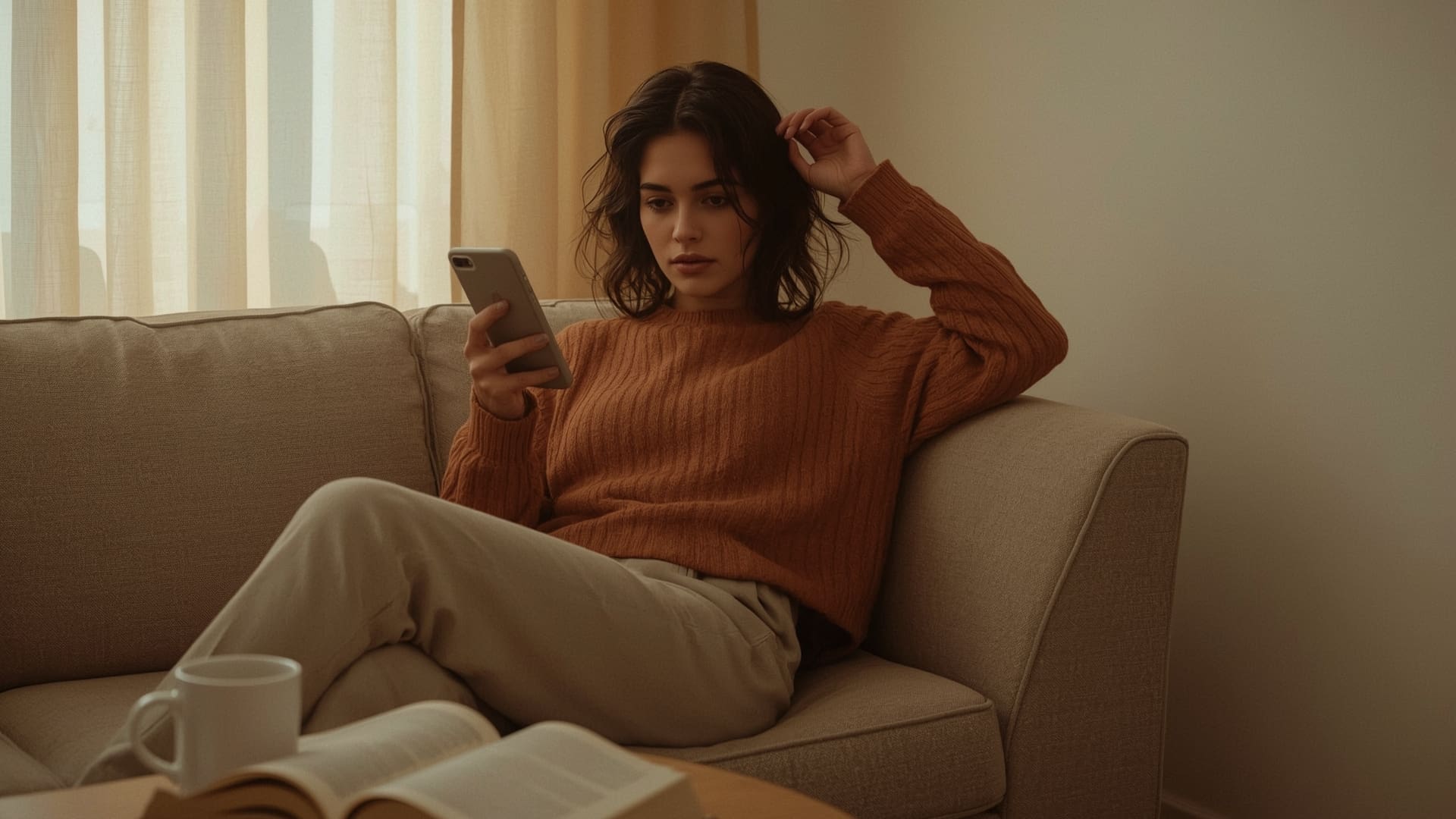 Woman scrolling smartphone making visual purchase decisions on product images