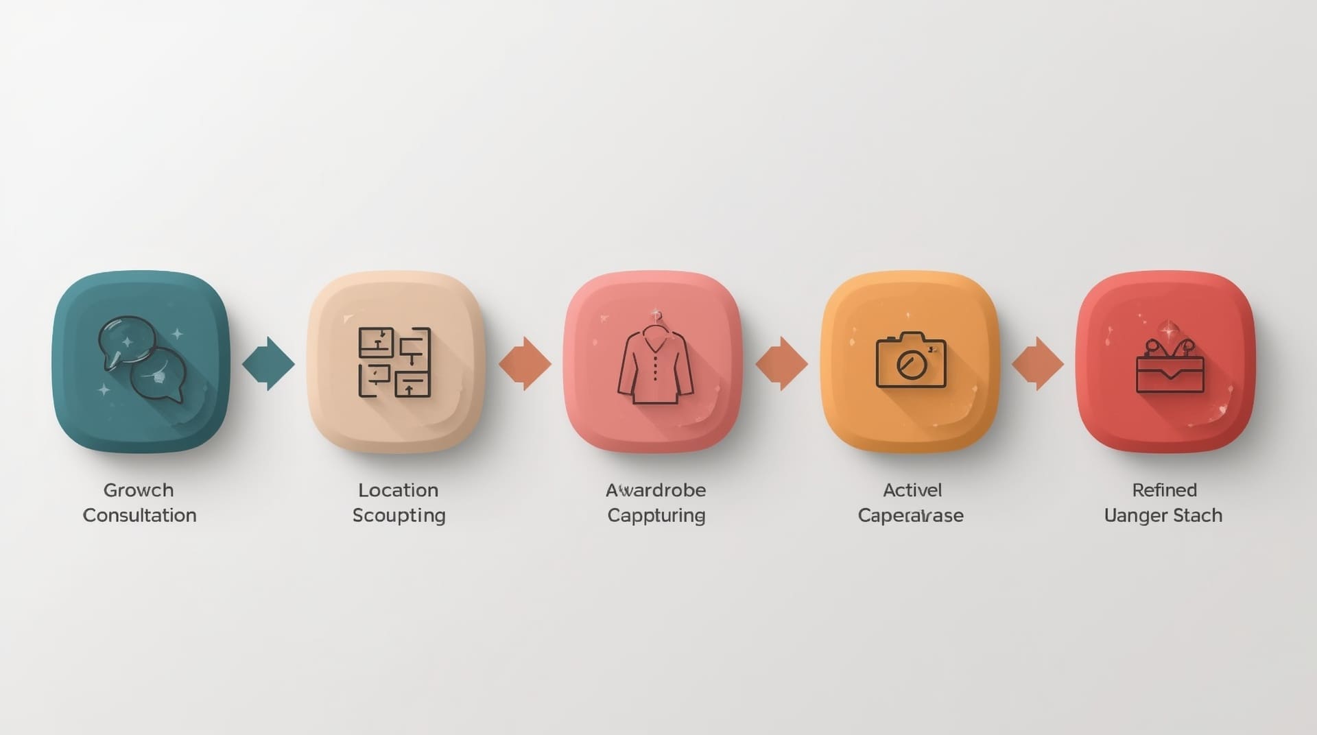 Step by step infographic illustration showing five phases of a personal branding photography session